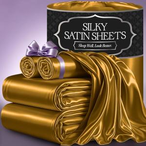 DECOLURE Satin Bed Sheets - 4 Piece Luxury Silky Queen Size Bedding Set - Softer Than Silk, Wrinkle-Free with 15 Deep Pocket Fitted Sheet, Perfect for Hair & Skin, Gifts for Women (Gold)