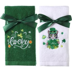 WovWeave 2 Pack St. Patrick's Day Irish Hand Towels Embroidered Cotton St Patricks Day Kitchen Decor Green Shamrock Clover Bathroom Dish Tea Towels Set with Cat Lucky Leaf St. Patrick's Decorations