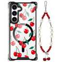 casesszoone for Samsung Galaxy S23 Cherry Case with Wrist Strap [Compatible with MagSafe] Magnetic Clear Four Corners Shockproof Cute Cherries Design Cover for Girls Women Teens Galaxy S23 6.1''