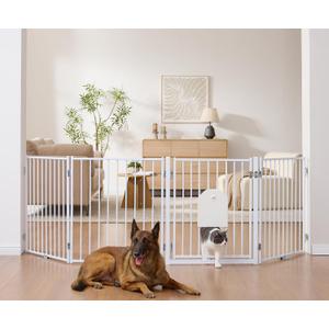 No Pawblems Free Standing Dog Gate with Cat Door, 30'' Tall Foldable Dog Fence for Indoor & Outdoor, Up to 104 Inch Extra Wide Puppy Gate for Stairs, Hallways, Doorways, Deck, Yard (White, 4 Panels)