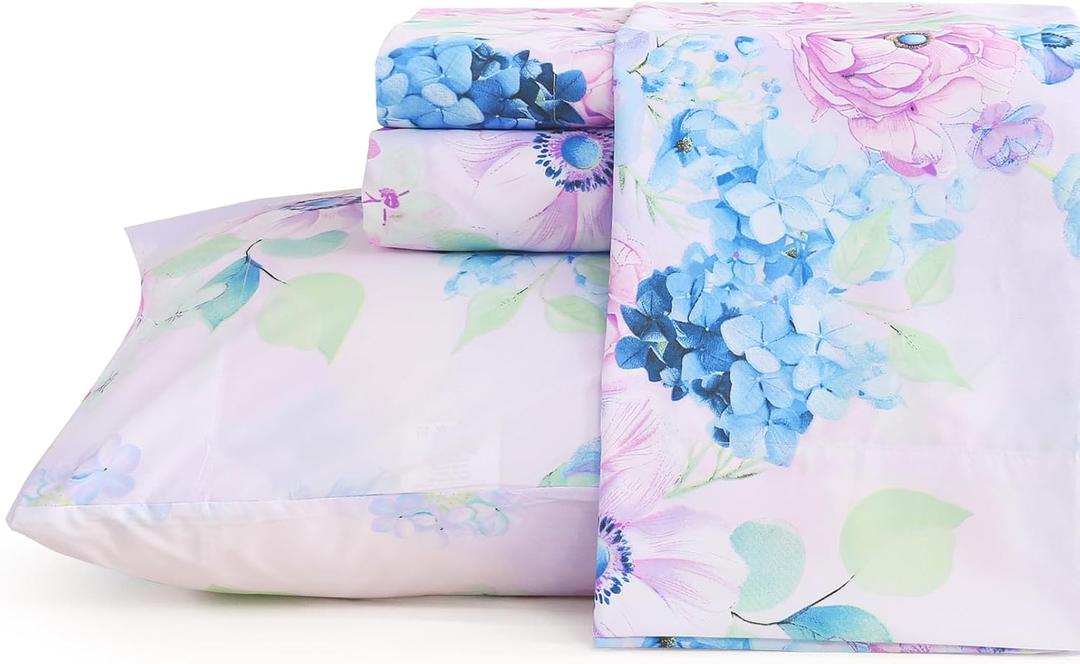 JSD Purple Hydrangea Floral Sheet Set Queen Size, 4 Piece Printed Microfiber Bed Sheets Deep Pocket