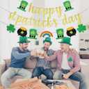 Pre-Strung Happy St Patricks Day Banner,Glitter Happy St Patricks Day Banner Sign with Irish Shamrock&Pot of Gold&Rainbow&Irish Hat Garland for Home Indoor Fireplace Mantle Photo Props Backdrop Decor