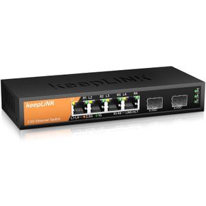 6-Port 2.5G Switch Unmanaged, 4 x 2.5GBASE-T Ports & 2 x 10GBASE-T SFP Slots, 60Gbps Switching Capacity, Plug & Play/Wall Mountable/Fanless Metal, Compatible with 1000Mbps Devices