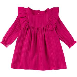 Girl's Summer Casual Dress, Light Ruffled Hem Princess Dress, Long Sleeve Knee-Length Dress,Loose-Fit Fall Dress (Pink), 1-2Y