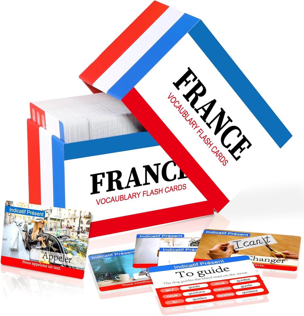 gisgfim 300 Pcs French Vocabulary Flash Cards Beginner Vocab with Pictures French Verb Conjugation Present Tense Memory & Sight Words Essential Translations Learn Language Cards in A Fun & Easy Way