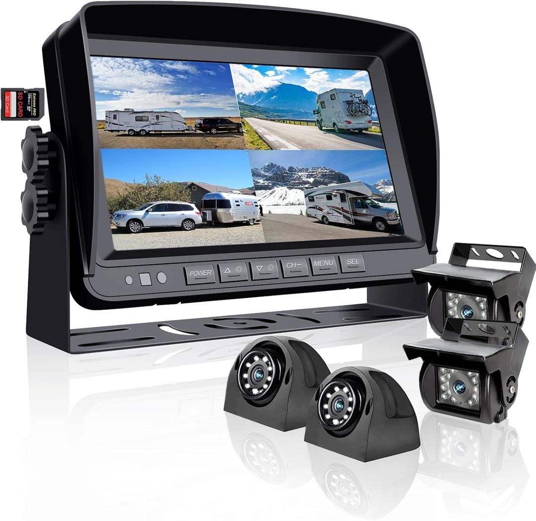 Backup Camera System with 9'' 1080P Monitor Wired for RV Truck Trailer Camper Bus, 4 Split Screen Quad View HD DVR Record Monitor + IP69 Waterproof 360 View Night Vision Rear Side Camera