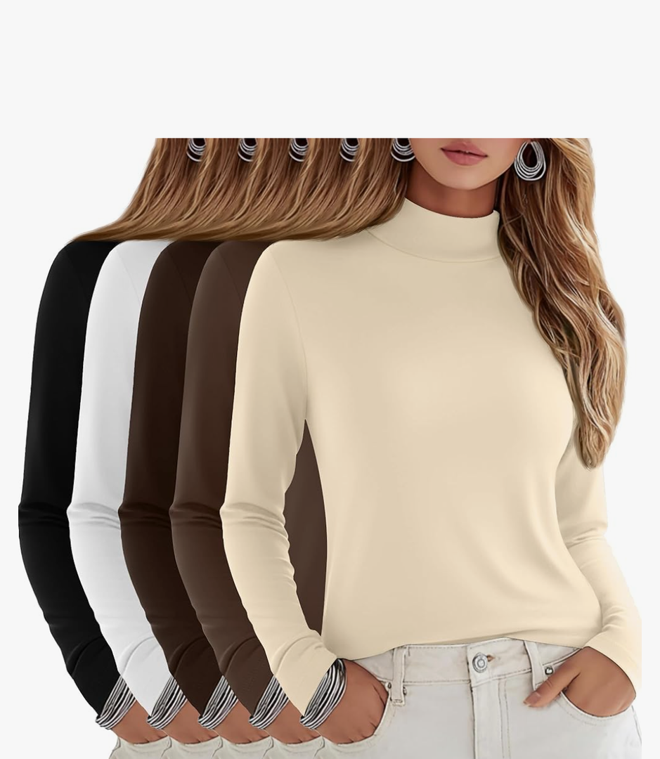 5 Pack Women's Cotton Mock Turtleneck Long Sleeve T-Shirts, Basic Tops Slim Fitted Stretch Underwear Layer Tee