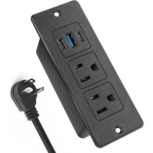 Recessed Power Strip USB, 20W Fast Charging Furniture Outlet - 2 AC & 3 USB (2 USB-C + 1 USB-A) for Desk, Bedside, Drawer, Conference Table - Space-Saving, Easy Install, 6FT Cord, Black.