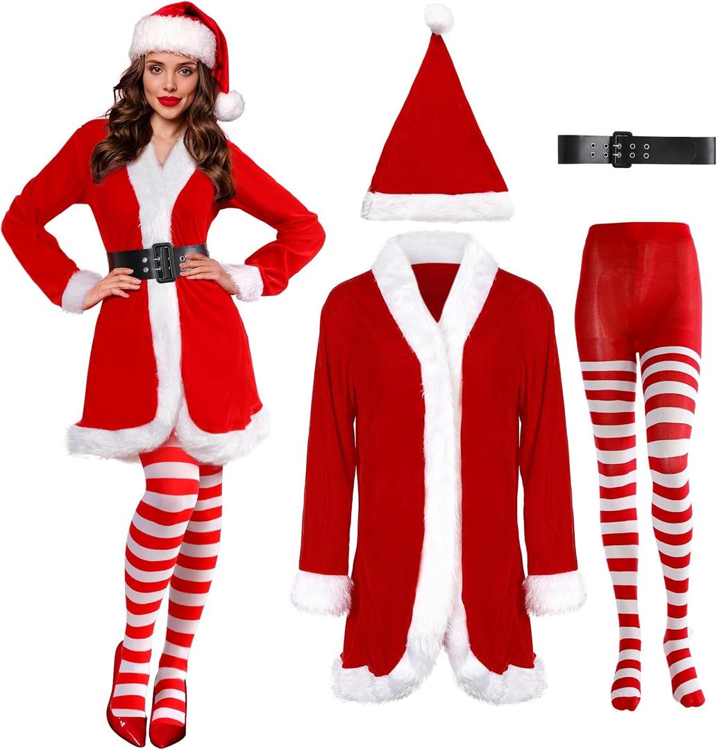 Sureio 4 Pcs Mrs Santa Claus Costume Women Christmas Dress Suit Cosplay Velvet Outfit with Belt Hat Striped Tights Elf Ears (Red, White)