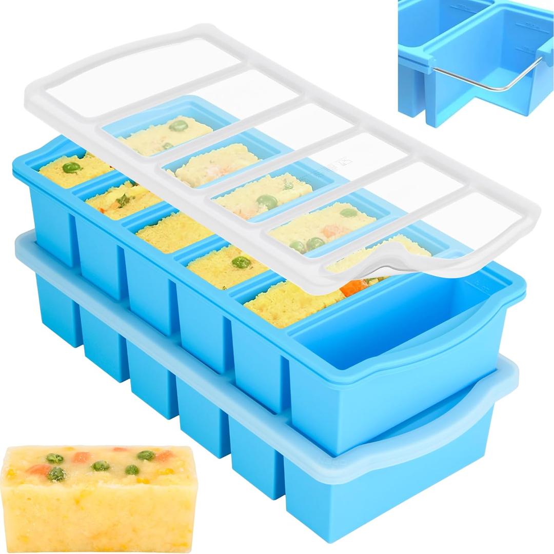 Silicone Freezer Molds with Lids, 1/2 Cup Soup Freezer Container Reinforced Steel Ring Top for freezing Soup Sauce Broth Leftovers, Silicone Freezer tray 2-Pack, Oven & Dishwasher Safe