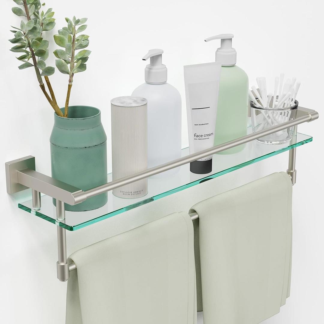 24-Inch Modern Wall-Mounted Bathroom Glass Shelf with 1 Shelf, Brushed Nickel, 1 Towel Bar, 45 lbs Weight Capacity, 24-inch With Railing