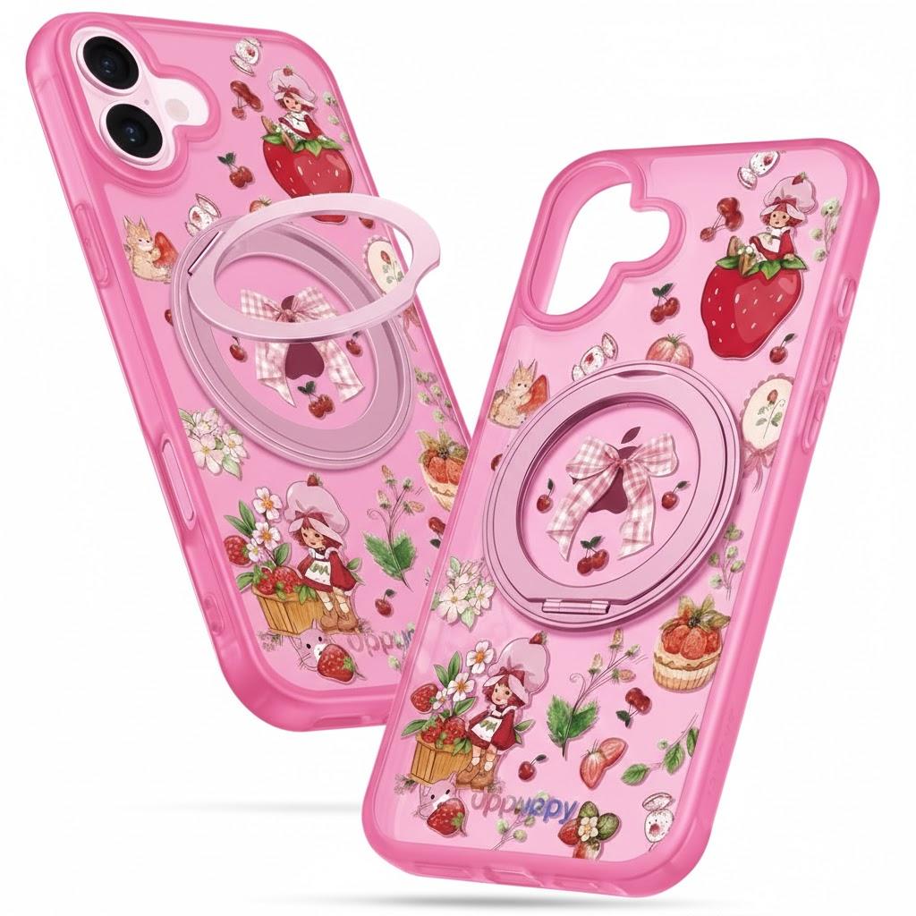 for iPhone 16plus Case - Compatible with MagSafe for Women Girls Bulit-in 360 Rotatable Magnetic Ring Holder Kickstand Cute Aesthetic Pink Strawberry Design for Apple 16plus