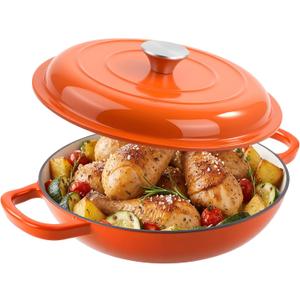 3 Quart Enameled Cast Iron Braiser, Non Stick Enameled Cast Iron Skillet with Lid, Dutch Oven Skillet with lid up to 500F for Oven, Stove, Grill, Shallow Dutch Oven for Cook, Bake (Orange)