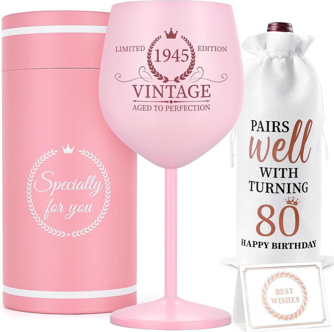 Lifecapido 80th Birthday Gifts for Women, Vintage 1945 Stainless Steel Wine Glass with Wine Bag and Card, 80th Birthday Decorations for Women, 80 Year Old Birthday Gifts for Grandma Mom Aunt Wife