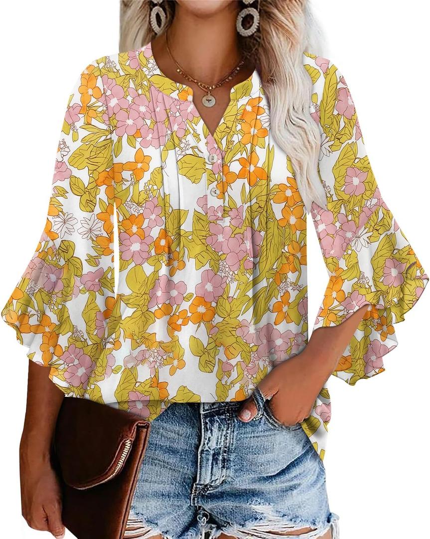 Angerella Womens 3/4 Sleeve Dressy Casual Top Trendy Shirts V Neck Business Work Chiffon Blouses (Small, Yellow Flower)