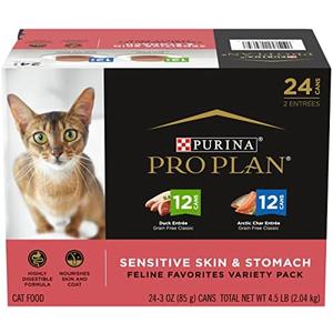 Purina Pro Plan Sensitive Skin and Stomach Wet Cat Food Variety Pack, Duck and Artic Char Entrees - (Pack of 24) 3 oz. Cans By AUG 2027
