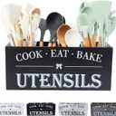 Utensil Holder,Extra Large Wooden Utensil Holder For Kitchen Counter,Cooking Spatula Organizer,Big Storage Caddy With 4 Compartments Flatware Spoon Tool Cutlery (Black)