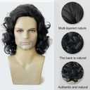 Long Hair Wig for Men Men's Black Wig Natural Wavy Curly 70s 80s Rocker Cosplay Synthetic Wigs for Male King Halloween Accessory(Black)