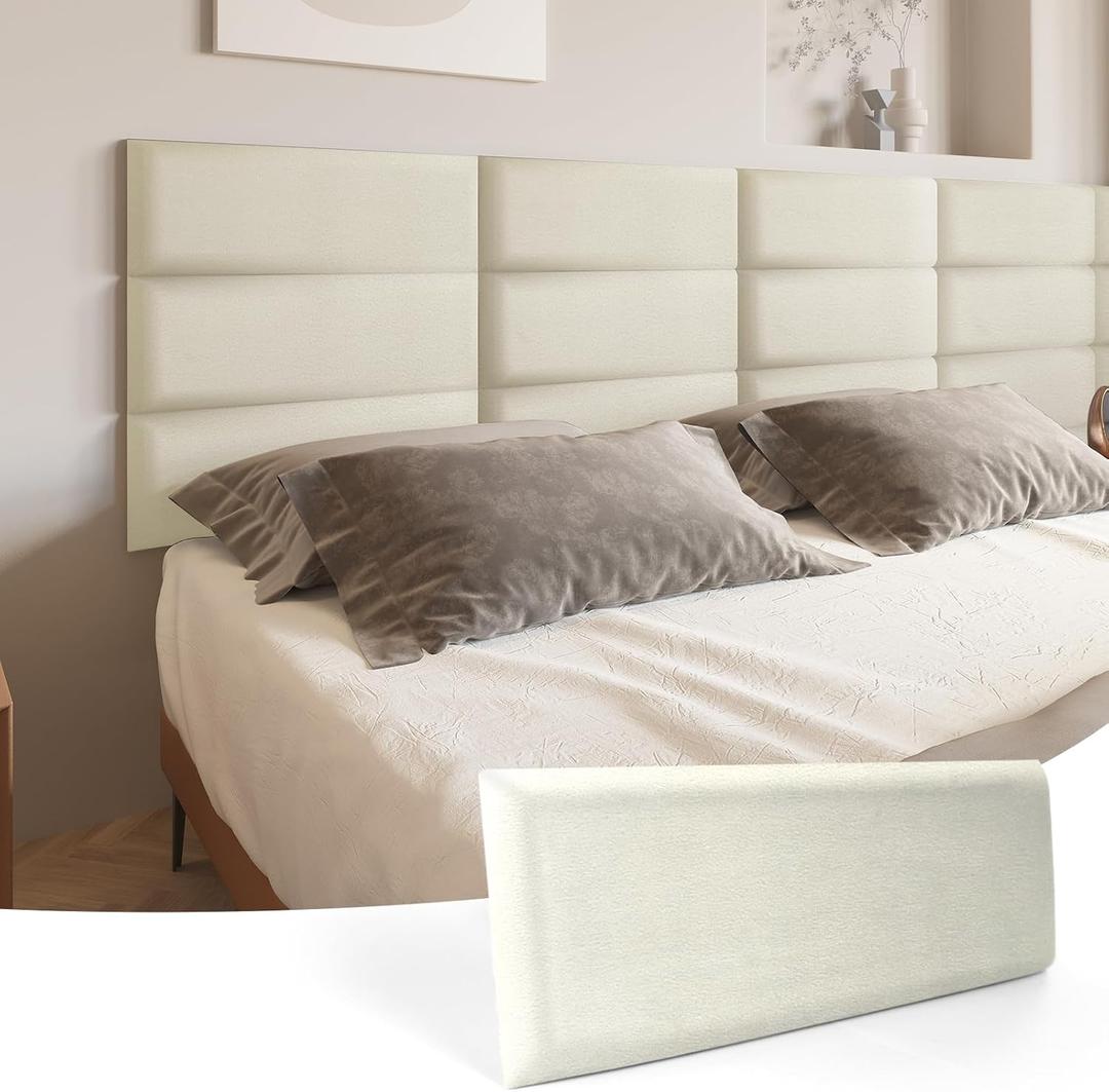 Art3d Peel and Stick Headboard for King, Full and Queen in Velvet Pearl, Pack of 12 Panels Sized 9.84" x 23.62", Soundproof Upholstered 3D Wall Panels (King (U.S. Standard))