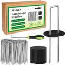 JELNER Garden Stakes, 6 Inch 11 Gauge 50pcs Galvanized Landscape Staples + 50pcs Gaskets + 1Pick Hook, Tent Stakes Landscaping Fabric SOD Pins for Weed Fabric Barrier, Groud Cover, Fence