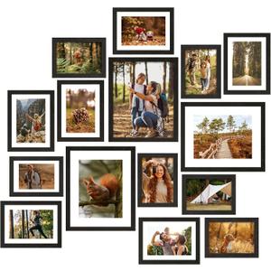 Fixwal Picture Frames Set, 15 Pack Black Picture Frames Collage Wall Decor for Assorted Photos, Three 8x10, Six 5x7, Six 4x6 for Wall Hanging or Tabletop Display