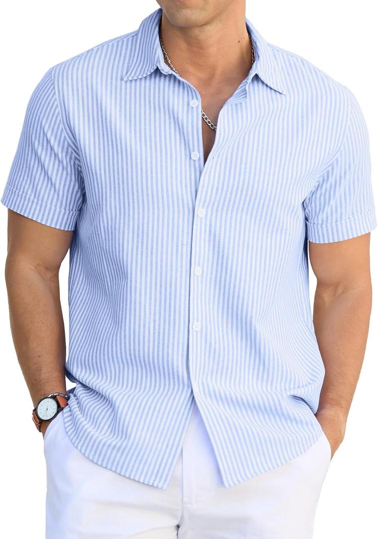 Sailwind Men's Casual Button Down Shirts Short Sleeve Striped Cotton Beach Summer Vacation Shirt (Large, Blue)