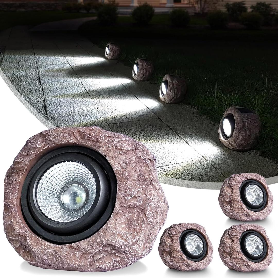 Solar Rock Lights Outdoor Waterproof - [4 Pack] Realistic Stone Solar Powered Garden Lights, LED Decorative Landscape Lighting for Pathway, Yard, Walkway, Lawn, Rockery, Warm White