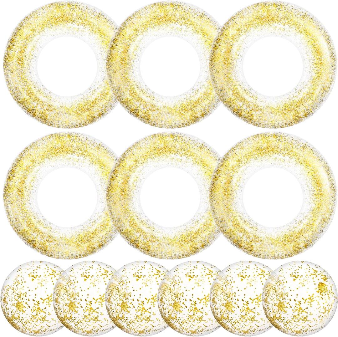 12 Pack Inflatable Pool Floats Set Include Swim Rings and Inflatable Beach Balls for Summer Party