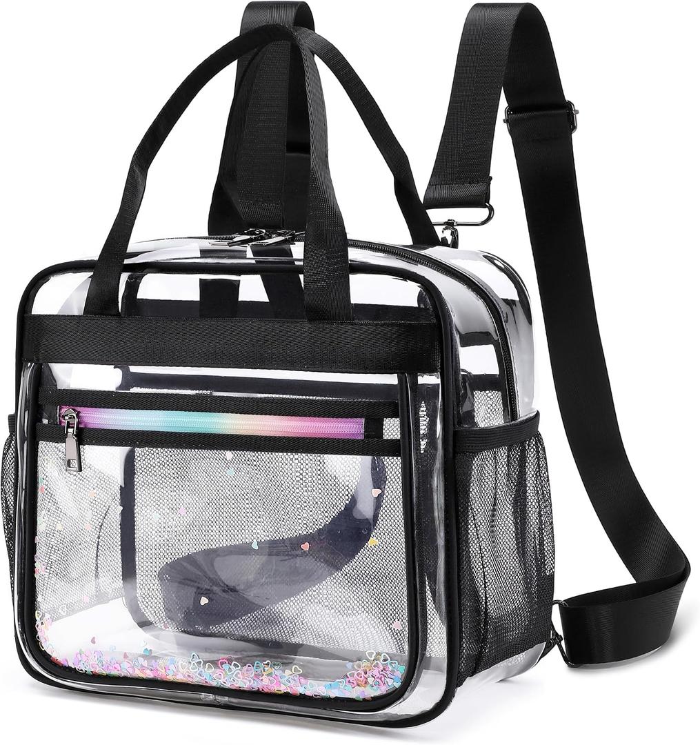 Clear Beach Bag Travel Tote Transparent Backpack for Women Girls Stadium Approved Crossbody Messenger Shoulder Handbag (Black)