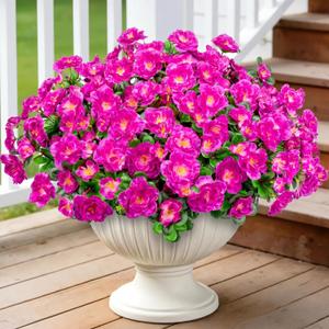 4 Bundles Artificial Flowers for Outdoors, Faux Silk Camellia Flowers Spring Summer Decoration UV Resistant Fake Plastic Plants for Planter Outside Patio Garden Balcony Door Porch, Purple