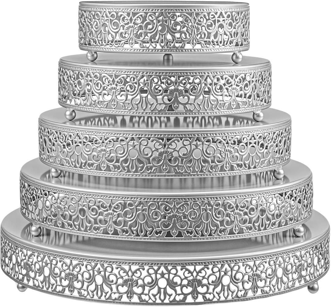 5 Pcs Metal Silver Cake Stand,16/14/12/10/8 in Round Cake Holder