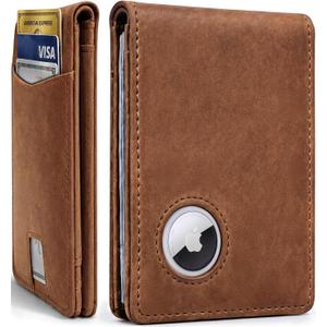 EVEO AirTag Wallet Men - Bifold Genuine Leather Wallets for Men, Air Tag Wallet With AirTag Holder, Smart Wallet for Mens Minimalist Wallet | Money Slot,10 Cards, AirTag Not Included* - Vintage Brown