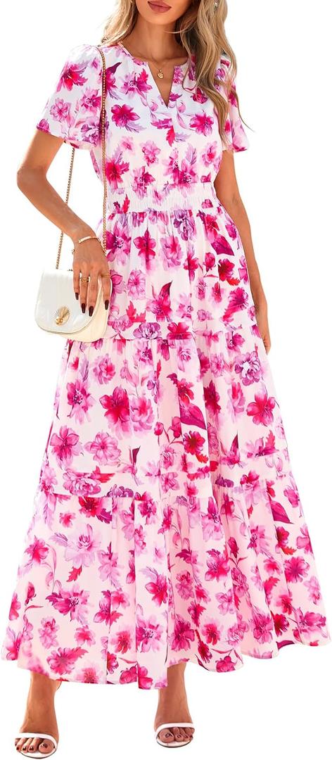 PRETTYGARDEN Women's 2026 Summer Boho Maxi Dresses Floral Short Sleeve V Neck A Line Tiered Flowy Long Beach Vacation Dress (White Pink Floral)