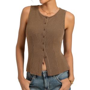 Kate Kasin Women Summer Going Out Tank Tops Y2K, Button Up Sleeveless Top, Ribbed Knit Sweater Vest Trendy (XL)