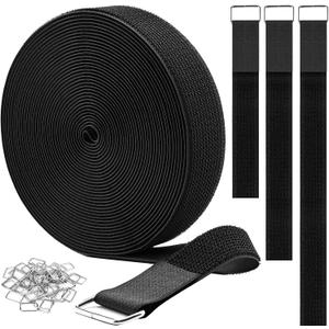 YMCRLUX 1.5"x32ft Hook and Loop Straps with 30 Metal Buckles, Adjustable Fastening Cable Straps, Cut-to-Length Cinch Strap, Reusable Nylon Securing Cord Ties for Organizer or Storage, Black