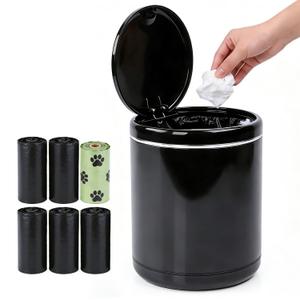 Mini Trash Can for Desk with 5 Rolls of Trash Bags, Small Press-Top Full Lid Design Countertop Garbage Bin, Removable Plastic Waste Basket for Bedroom,Kitchen,Office,Garage, Camping(Black)