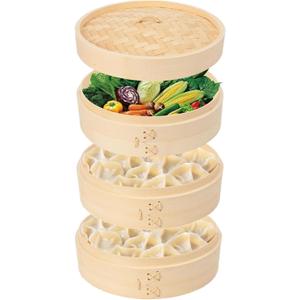JMIATRY 3 Tier Bamboo Steamer 8 Inch Dumpling Steamer Basket With Side Handles Bamboo Steamers Basket With Lids for Steaming Cookware Asian Food, Bao Buns, Chinese Dim Sum, Dumpling