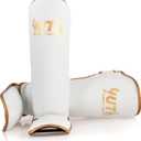 Gold Line Shin Guards | Muay Thai Shin Guards | Lightweight Durable Shinguards Muay Thai | Padded Adjustable Muay Thai Leg Guards Kickboxing, MMA Sparring Training (L, White/Gold)