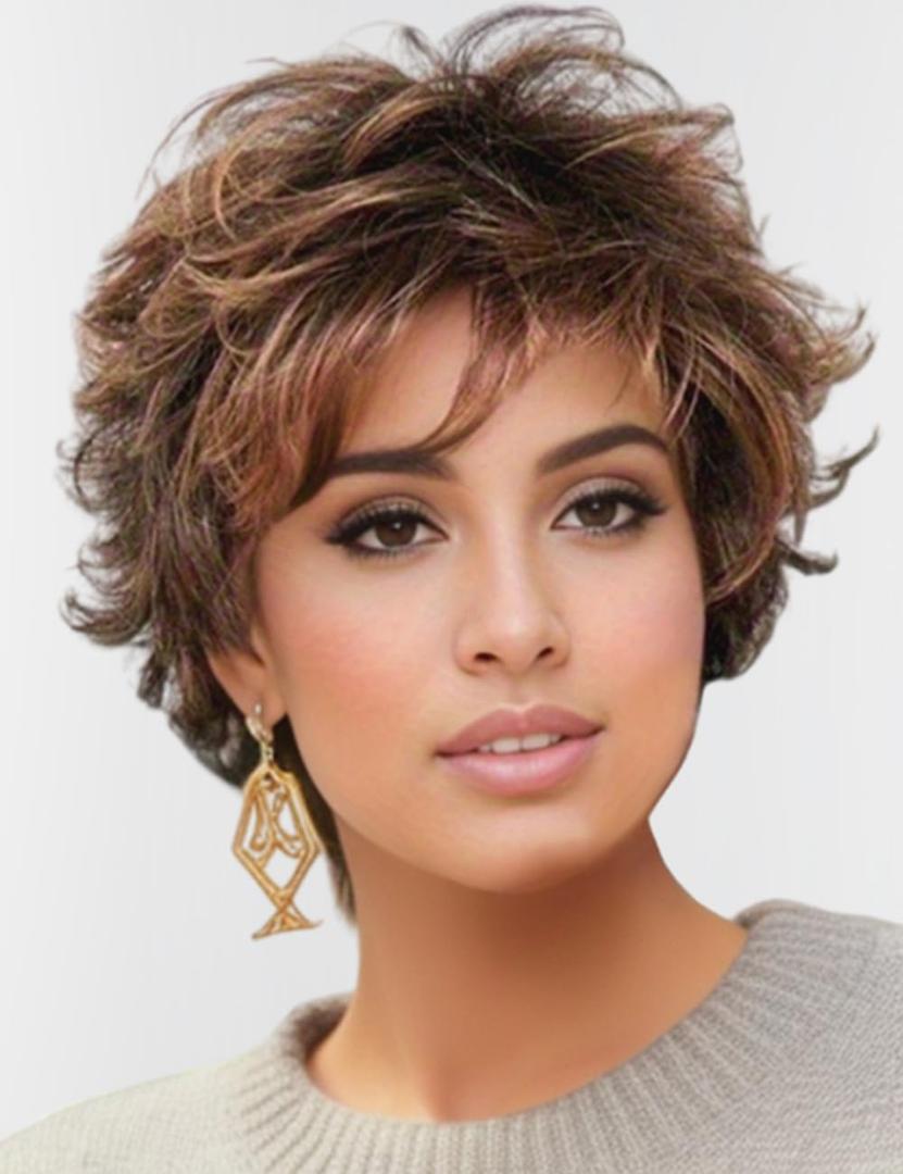 TISHINING Short Mixed Brown Curly Wigs for Women Layered Red Brown Pixie Cut Wig with Bangs Heat Synthetic Short Hair Wigs for White Women Natural Looking Daily Party Wig
