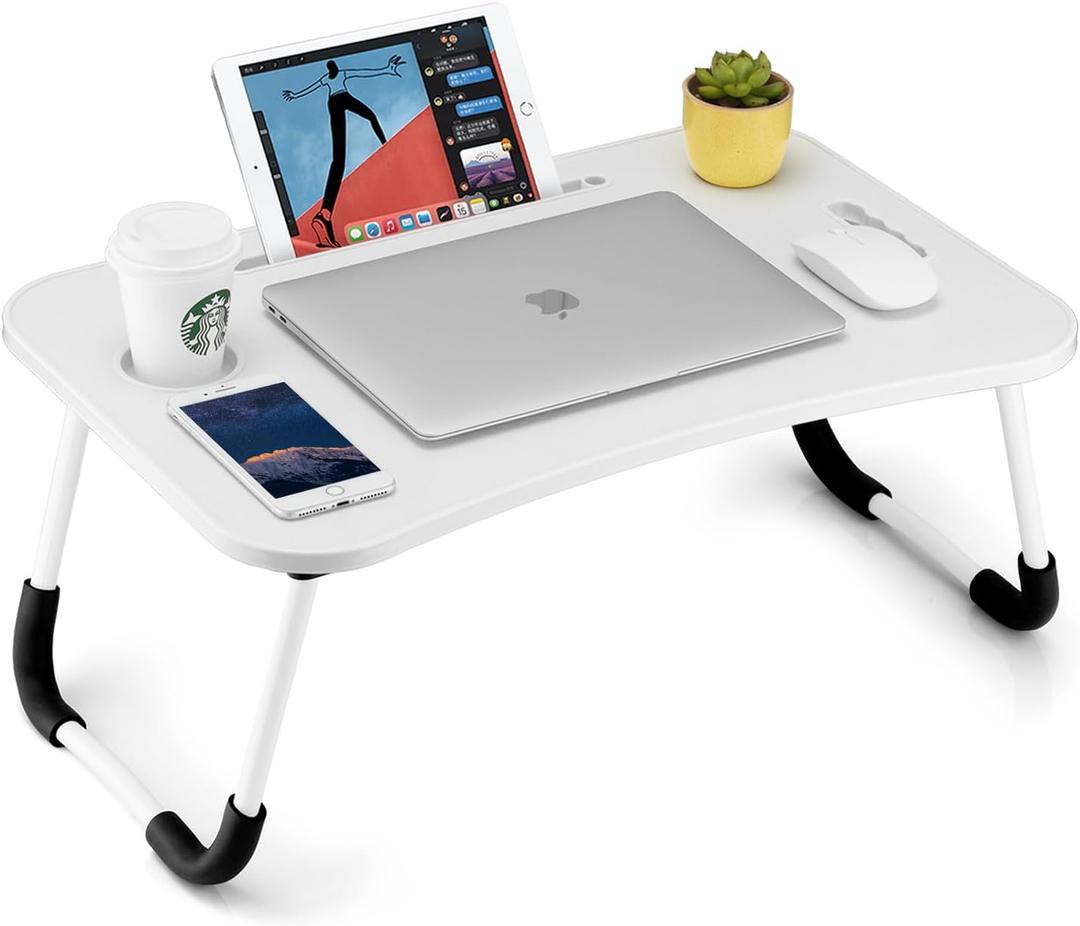 FISYOD Foldable Laptop Table, Portable Lap Desk Bed Table Tray, Laptop Stand with Cup Holder & Tablet Slot & Lifting Handle for Working Writing Drawing & Eating (White)
