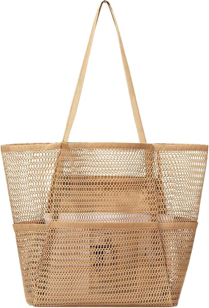 Woven Tote Bag, Foldable Large Capacity Mesh Shoulder Bag with Waterproof Bottom Retro Handle Tote Handbag for Daily Travel Holiday, Khaki