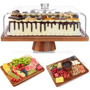 HouseJoy Acacia Wood Cake Stand with Lid-Extra Large 17" Rectangular Cake Holder,2-in-1 Dessert Table Display Set & Charcuterie Board,Acrylic Cake Dome Cover for Cheese/Veggie/Desert /Chips & Dip
