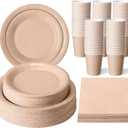 Tioncy 200 Pcs Disposable Paper Plates Cups and Napkins Christmas Party Supplies Serve 50 Guests Disposable Paper Dinnerware Set for Birthday Wedding Baby Shower Family Picnic(Deep Nude)