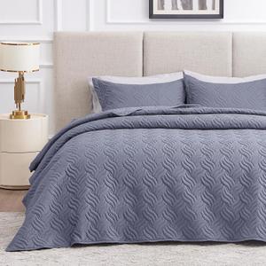 Love's cabin Quilts for Full Bed Bluish Grey Bedspreads Bedding Set - Lightweight Bedspread Comforter - Wave Pattern Bedding Coverlet for All Season - 3 Pieces (1 Quilt, 2 Pillow Shams)