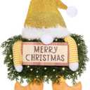 Knitgrip Christmas Lighted Wreath Gnome Xmas Gnome Door Wreath Artificial Santa Xmas Hanging Sign for Door Window Wall Decorations Farmhouse Christmas Home Decor(Gold)