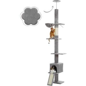 PEQULTI Cat Tree Floor to Ceiling, Tall Cat Tower, Adjustable Height (83''-108'') 5 Tiers Climbing Tree for Indoor Cats with Cat Condo, Scratching Post and Ladder, Grey