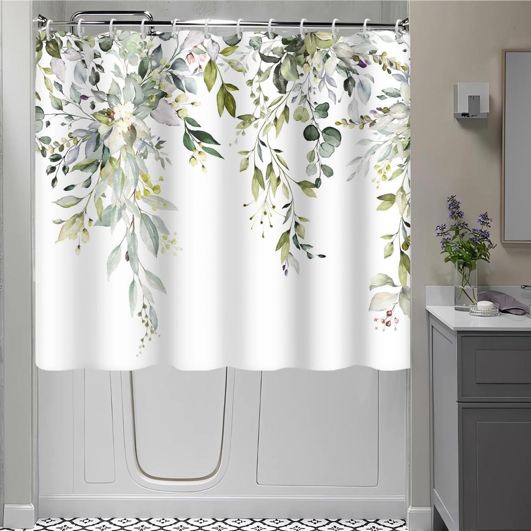 Short Shower Curtain, Waterproof Spring Green Eucalyptus Shower Curtain with Hooks for Walkin Tub or Step in Tub, 72x66 inch