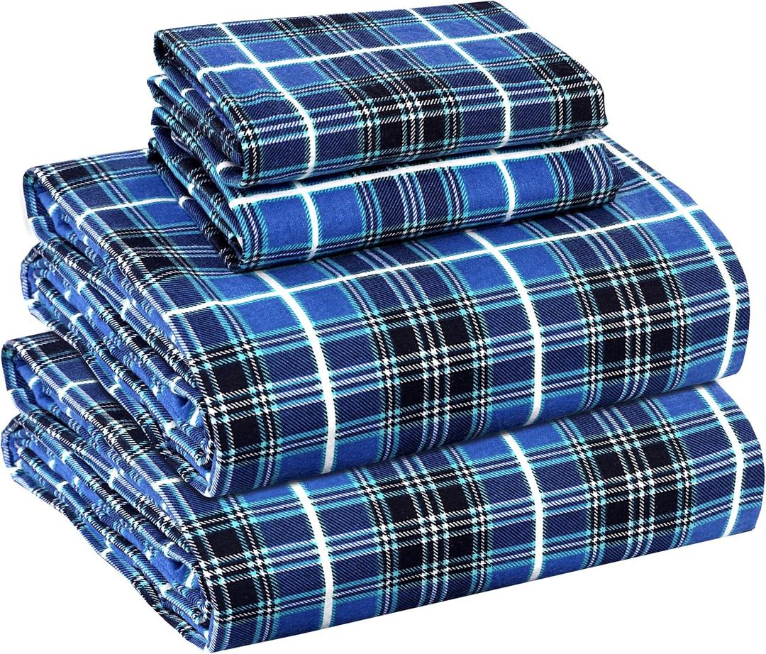 RUVANTI Flannel Sheets Full Size - 100% Cotton Double Brushed Bed Sheets Set, Deep Pockets 16 Inches, All Seasons Breathable & Extra Soft Full Sheets, Warm & Cozy, 4 Piece, Blue Plaid