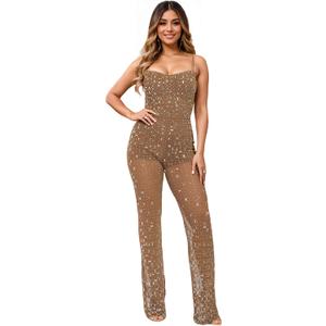 Women's Sparkle Rhinestone Jumpsuits for Women Sexy Party Night Out (Large, Brown-c6556)