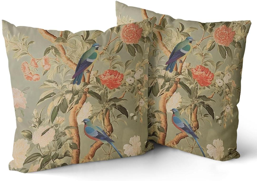 Chinoiserie Pillow Cover 18x18 Inch Brown Vintage Bird Flower Throw Pillow Covers Farmhouse Floral Decorative Pillowcase Outdoor Cotton Square Cushion Cover for Couch Sofa Bedroom Decor (Pack of 2) (18" x 18" (Pack of 2), Brown)
